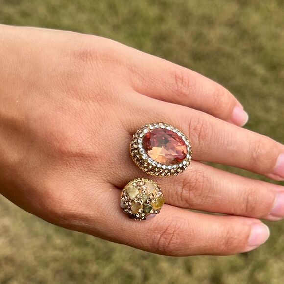 Amber And Champagne Double Adjustable Statement Ring - Picture 14 of 16